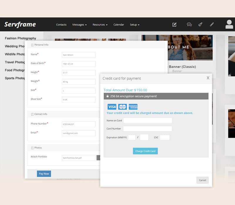 A screenshot displaying a secured payment option with Servframe.